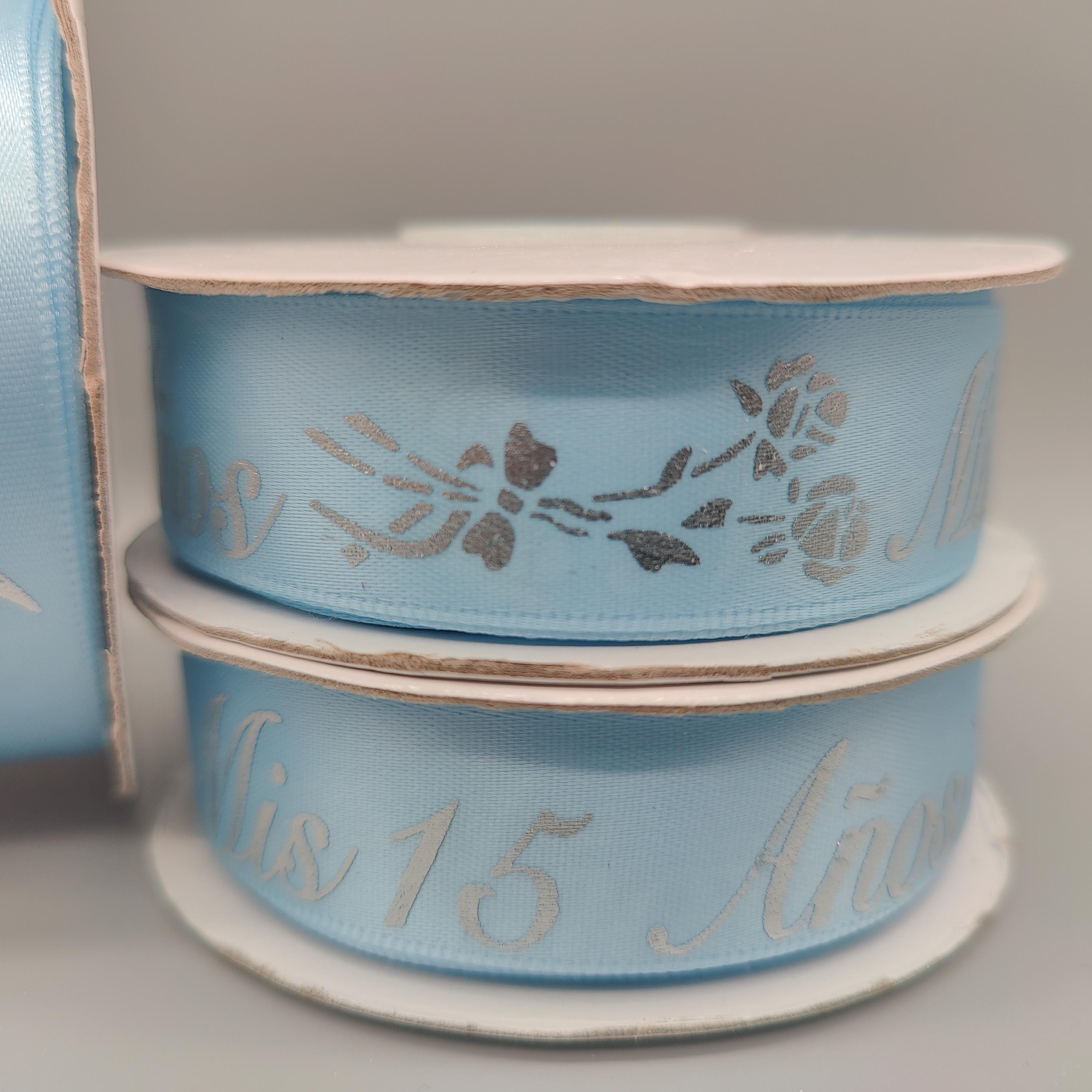 Mis 15 Años Sky Blue Satin Ribbon: Silver Spanish Text, Quinceañera - 25Y