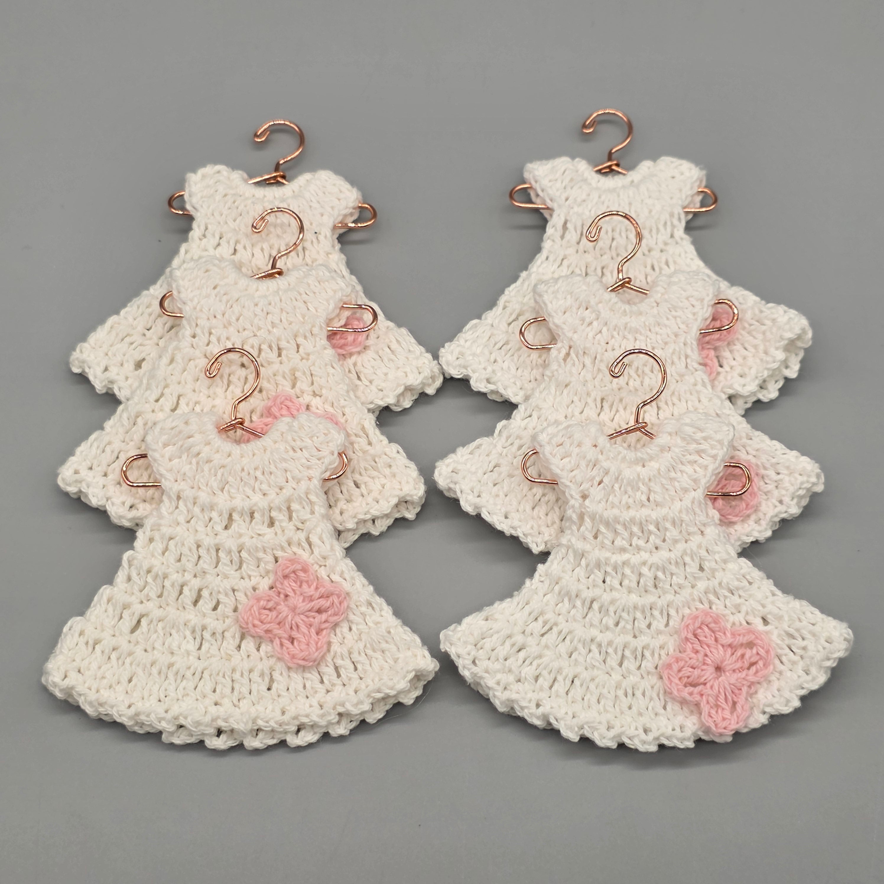 Set of 6 - White crochet Baby Dress with Pink Flower, Baby shower favors, Baby Pink, Baby welcome, Crochet mini dress, quinceanera communion