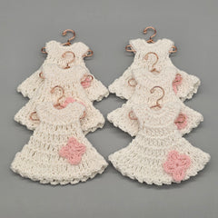 Set of 6 - White crochet Baby Dress with Pink Flower, Baby shower favors, Baby Pink, Baby welcome, Crochet mini dress, quinceanera communion