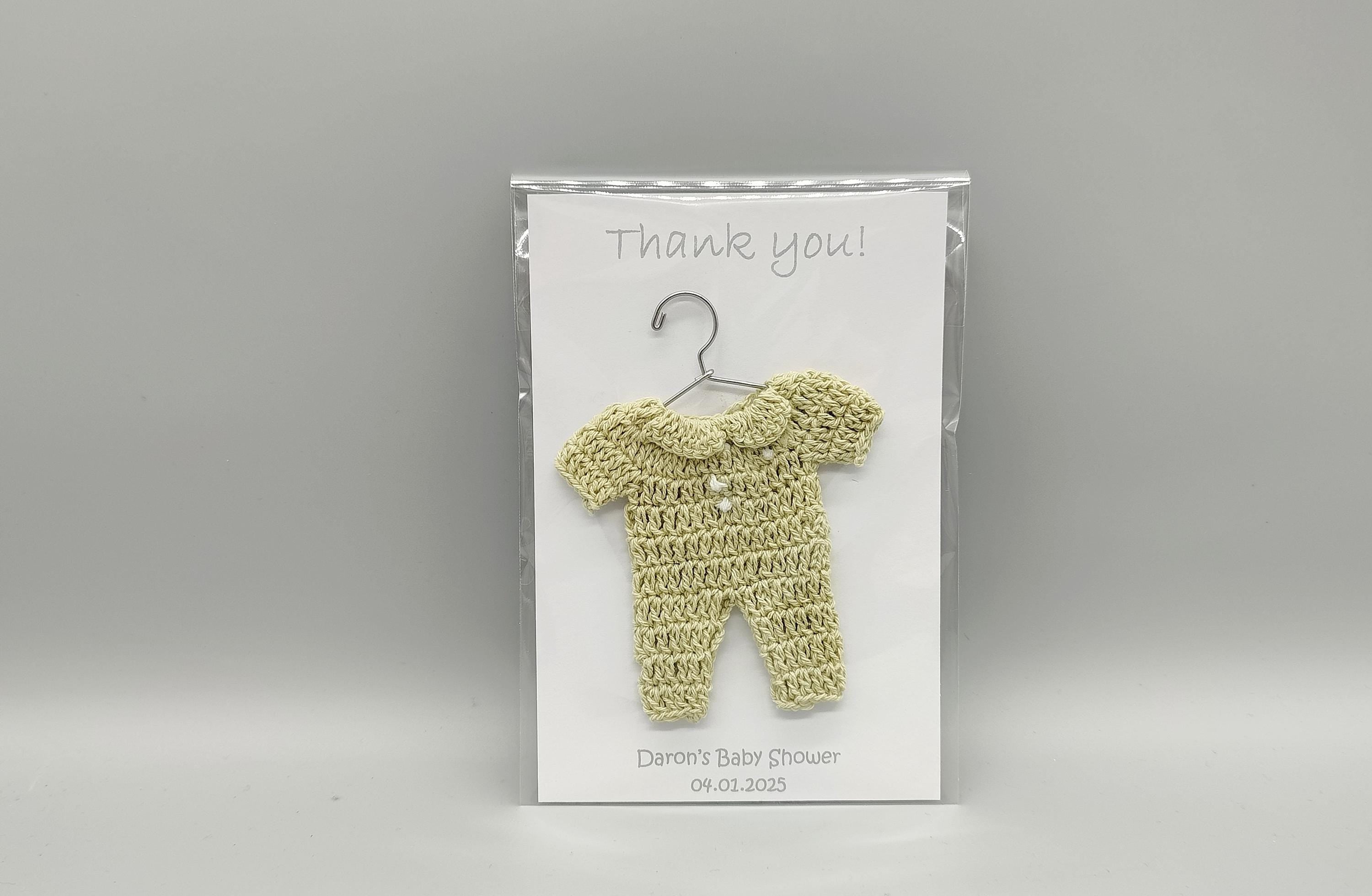 Baby Shower Favor with Custom Name & Date, Crochet Baby Favor with Hanger, Personalized Card w/ Color Choice. Ships Fast and Free! Set of 6