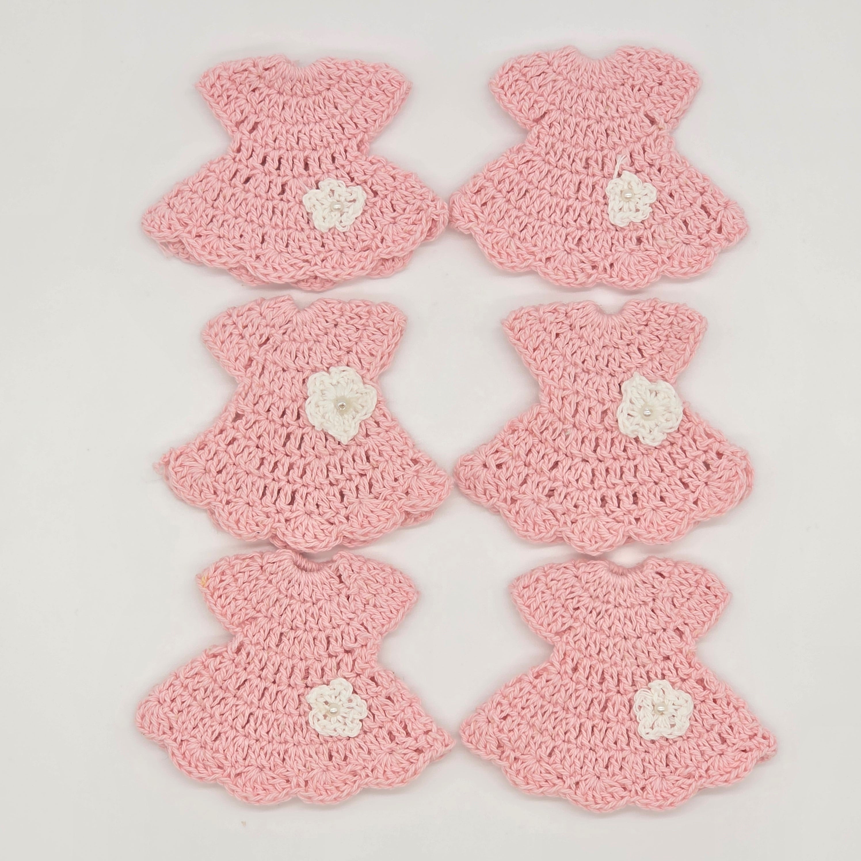 Mini Crochet Baby Pink Dress Party Favor Set of 6 | Unique Handmade Baby Shower Party Gift & Decor with Optional Gold Hangers & Rack