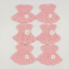 Mini Crochet Baby Pink Dress Party Favor Set of 6 | Unique Handmade Baby Shower Party Gift & Decor with Optional Gold Hangers & Rack