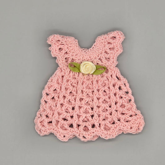Mini Crochet Dress Favors Set of 6 - Pink Baby Shower Decor, Christening Decorations, Tiny Crocheted Dress Keepsakes with Hangers/Rack