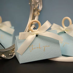 Baby Blue Embossed Favor Boxes with Wood Ring & Ribbon (Set of 12) Cute Party Favors & Party Gift for Baby Shower, Wedding & Quinceañera