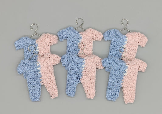 Gender reveal favors, Baby Blue & Baby Pink Crochet mini outfit, Boy or Girl, baby shower favor, favors with hanger/rack option. Set of 6.
