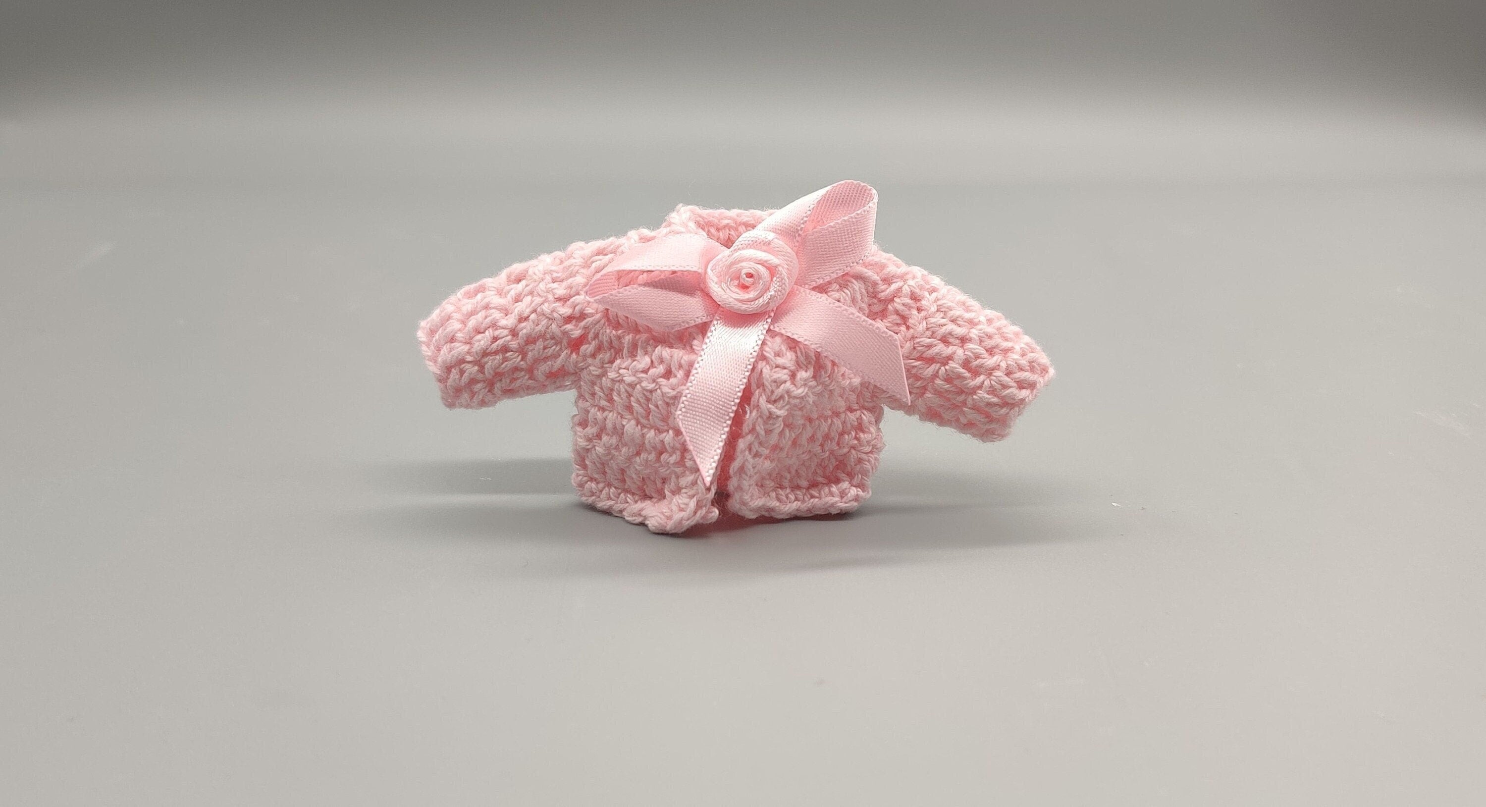 Crochet mini jacket, baby pink with pink accent bow, cute favors, baby shower, baby welcome, crochet favors, Set of 6