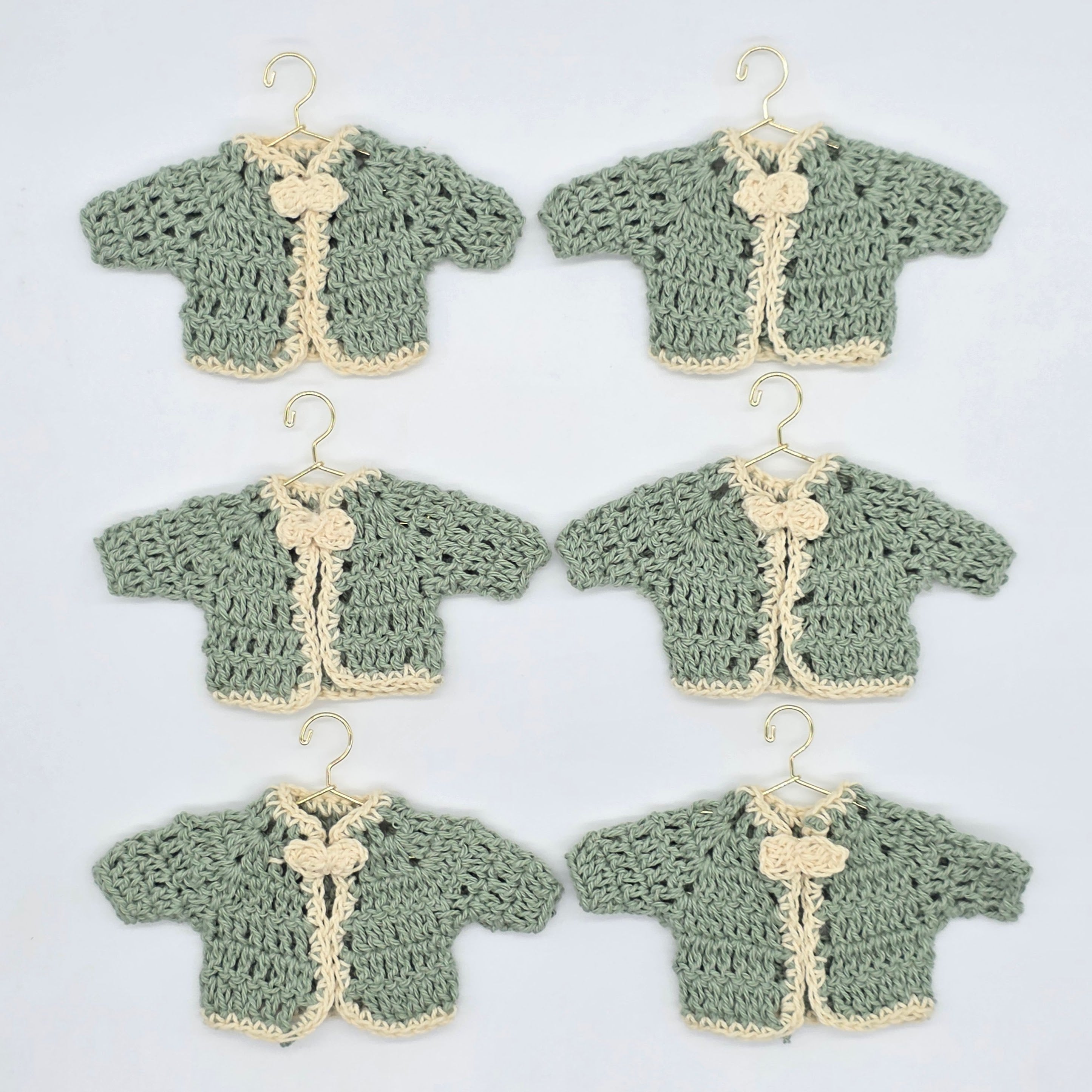 Set of 6 Mini Crochet Baby Sweater Favors, Sage Green & Cream Boho Baby Shower Favors, Gender Neutral Cardigan Favors with Gold Rack