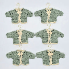 Set of 6 Mini Crochet Baby Sweater Favors, Sage Green & Cream Boho Baby Shower Favors, Gender Neutral Cardigan Favors with Gold Rack