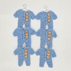 Mini Crochet Blue Onesie Party Favors - Set of 6 with Hanger & Hanging Rack Options - Tiny Teddy Bear Baby Shower