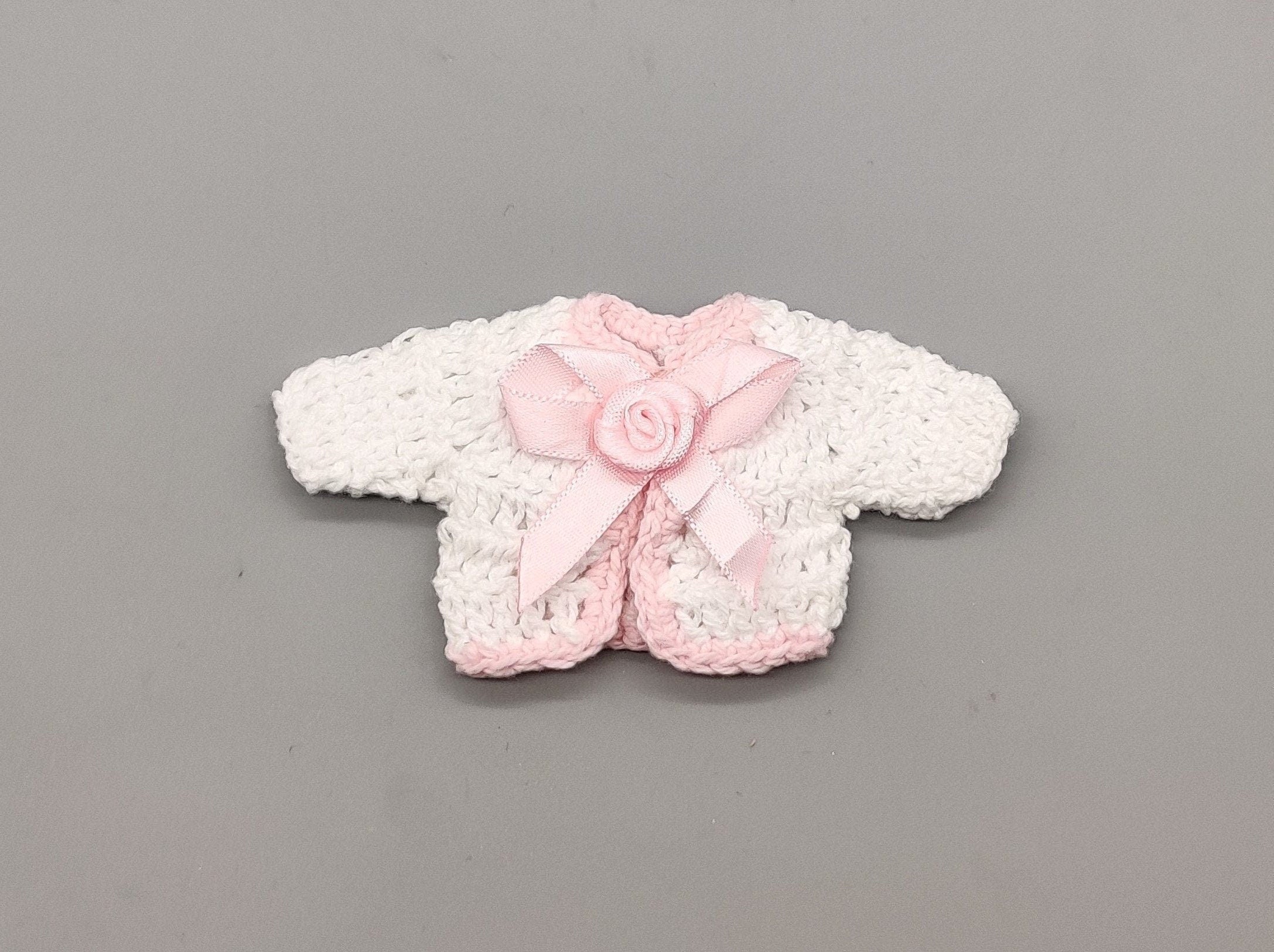 Crochet mini jacket, white with pink accent bow, cute favors, baby shower, baby welcome, crochet favors, baby shower favours, Set of 6