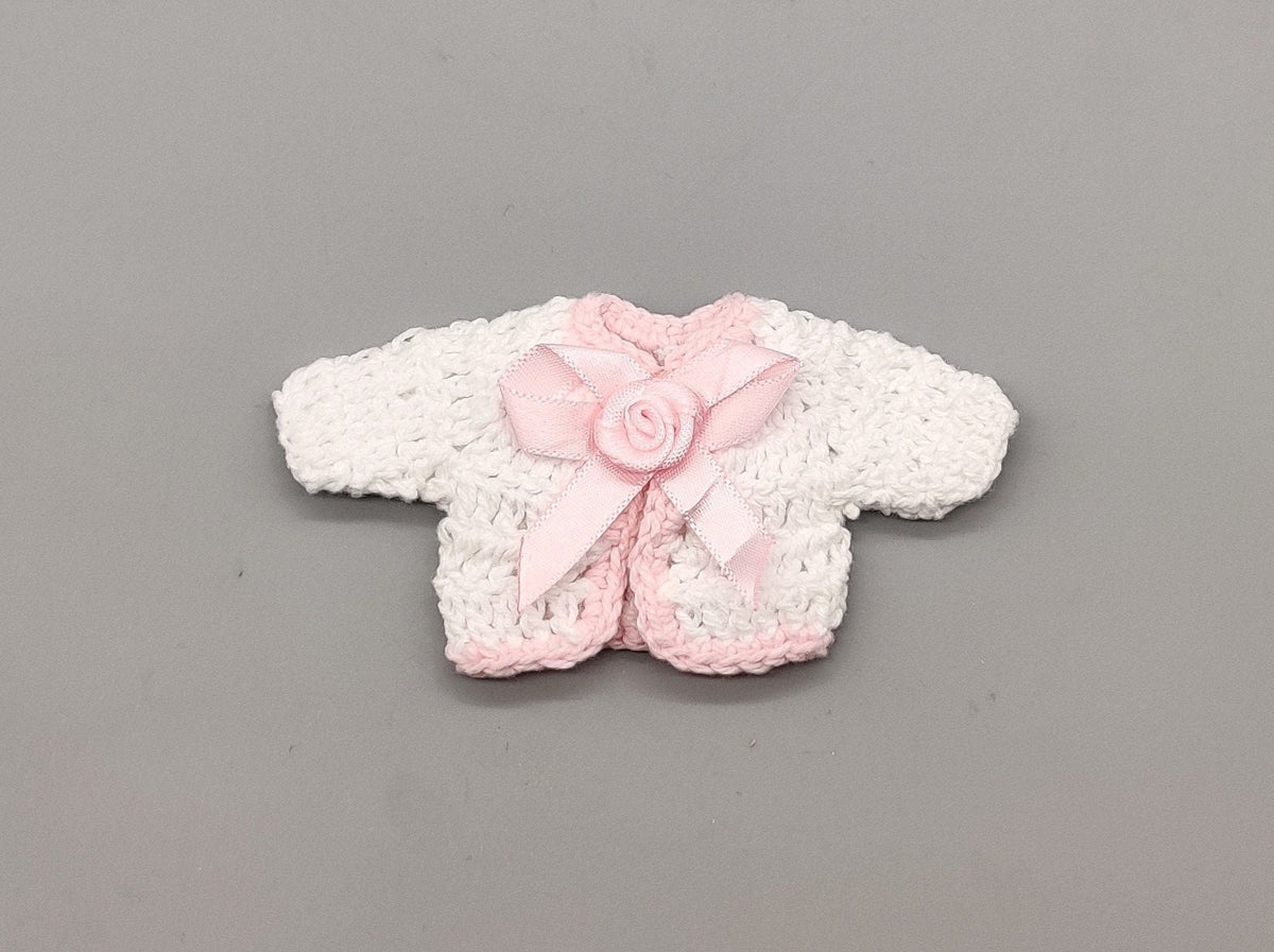 Crochet mini jacket, white with pink accent bow, cute favors, baby shower, baby welcome, crochet favors, baby shower favours, Set of 6