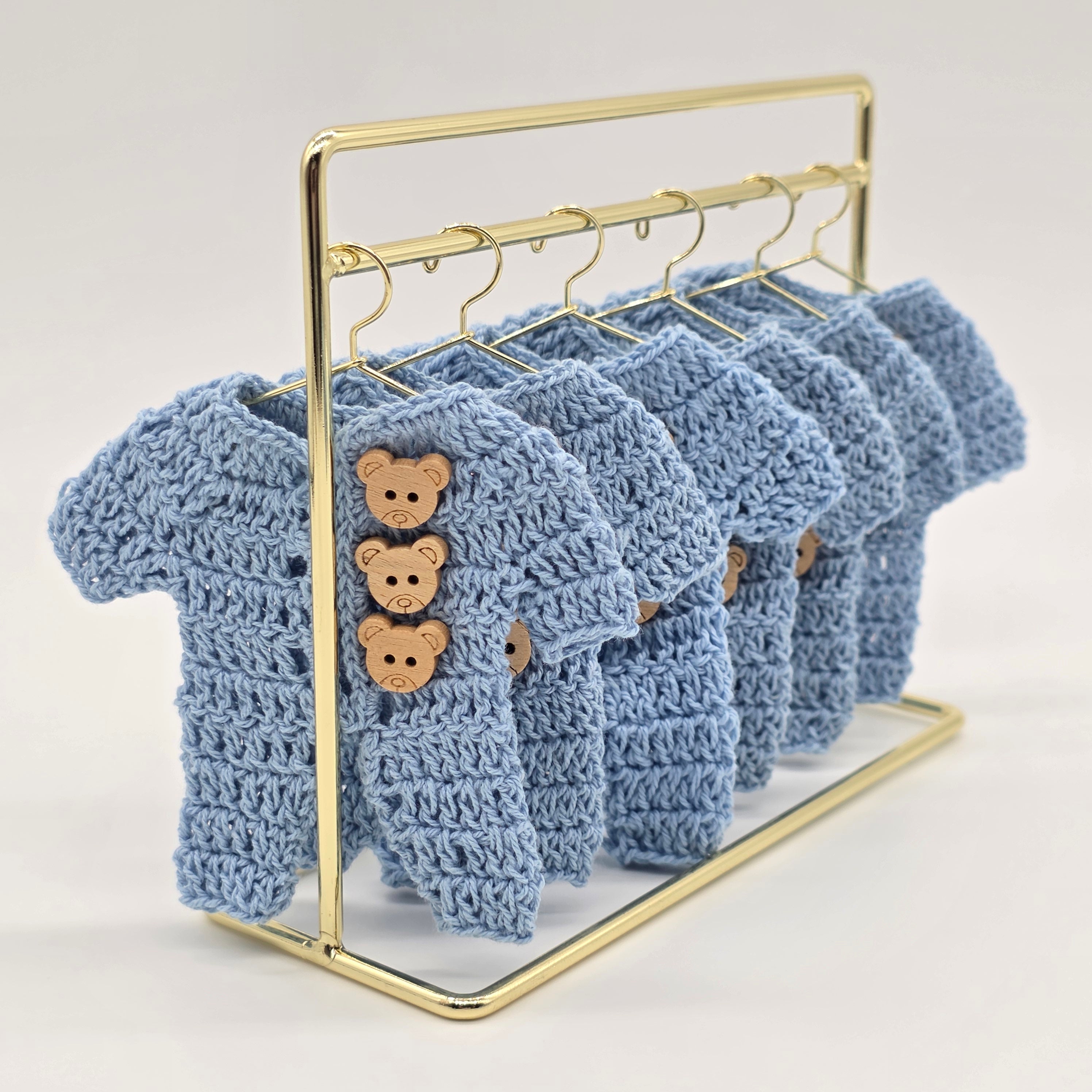 Mini Crochet Blue Onesie Party Favors - Set of 6 with Hanger & Hanging Rack Options - Tiny Teddy Bear Baby Shower