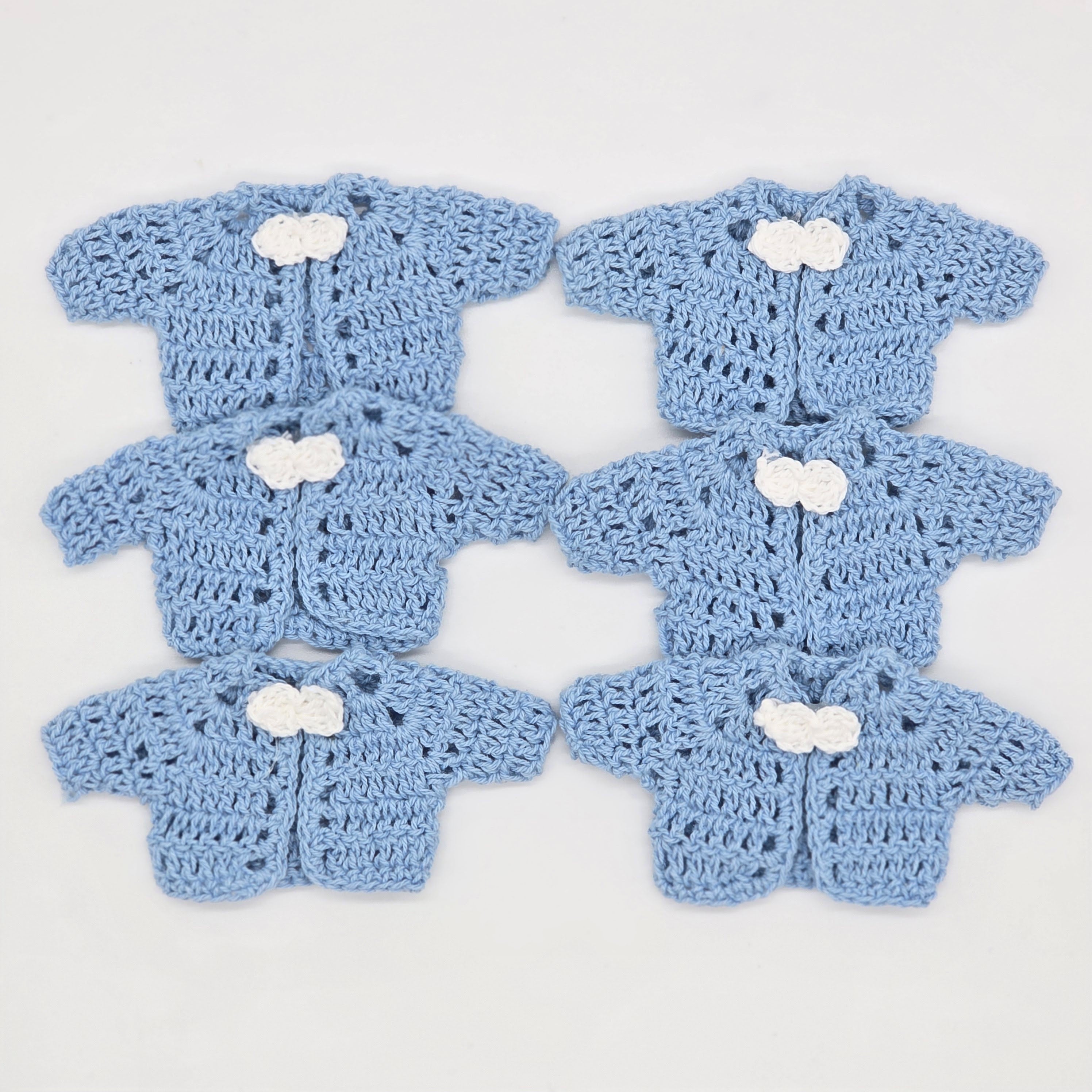 Tiny Crochet Baby Shower Party Gifts - Blue Mini Cardigan Jackets Favors with White Bow Ties - Gold Hanger & Rack Options - Handmade