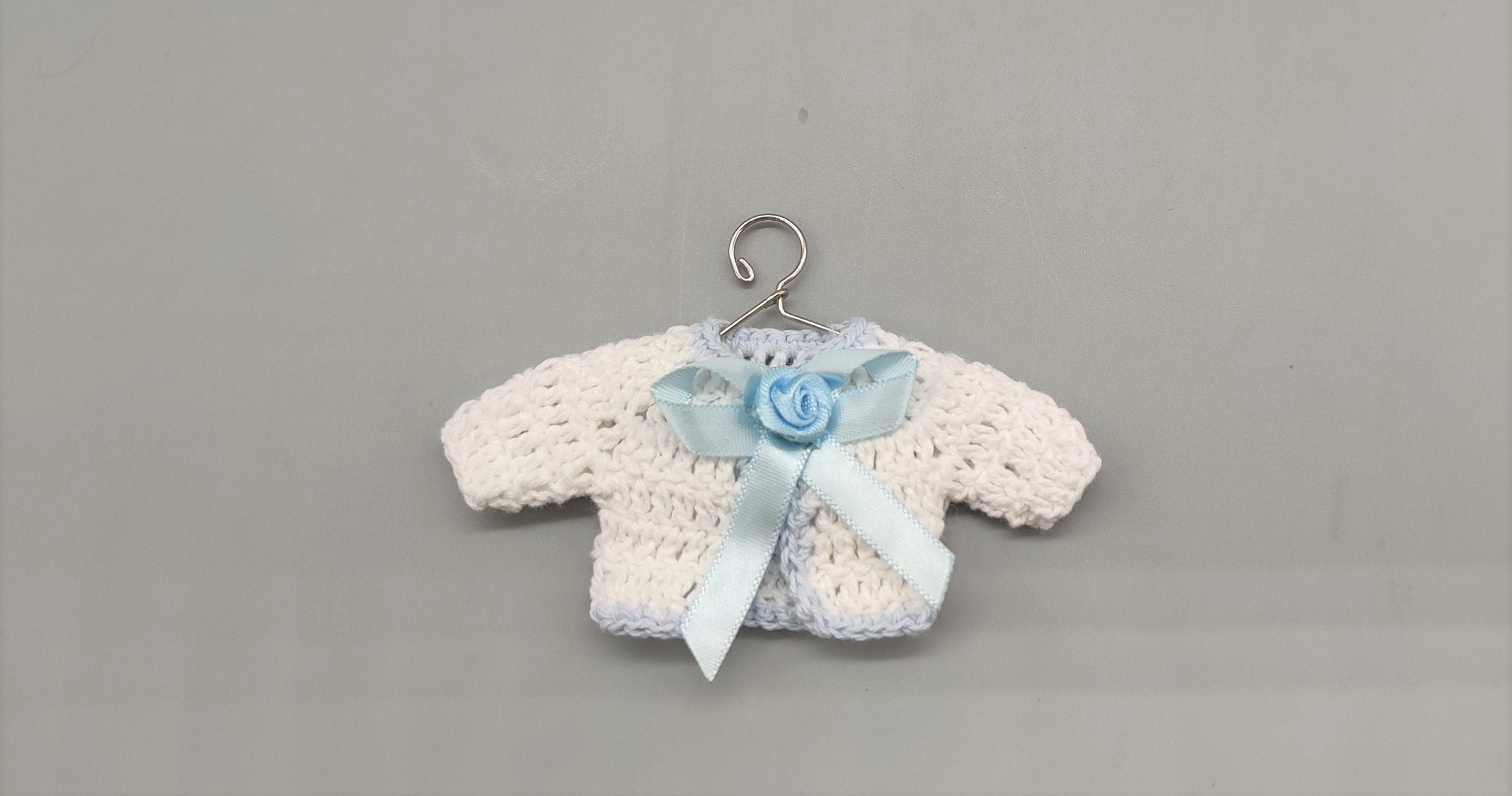 Crochet mini jacket, white with baby blue accent bow, cute favors, baby shower, baby welcome, crochet favors, baby shower favours, Set of 6