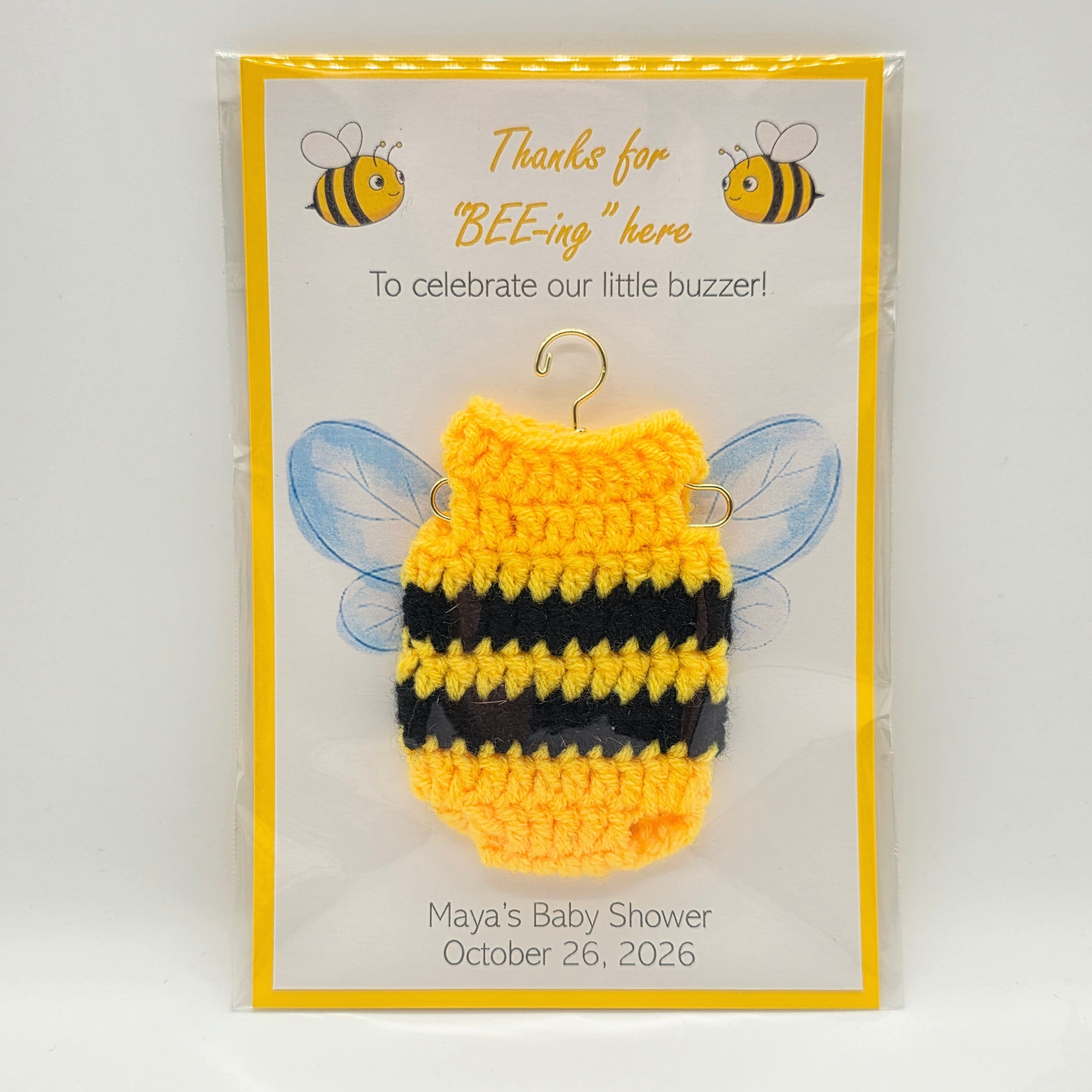 Personalized Bee Baby Shower Favors Set of 12 Crochet Bee Onesie Thanks for Bee-ing Here Card Bumble Bee Theme