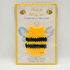 Personalized Bee Baby Shower Favors Set of 12 Crochet Bee Onesie Thanks for Bee-ing Here Card Bumble Bee Theme