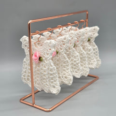 Mini Crochet Dress Favors Set of 6 - White Baby Shower Decor, Christening Decorations, Tiny Crocheted Dress Keepsakes with Hangers/Rack