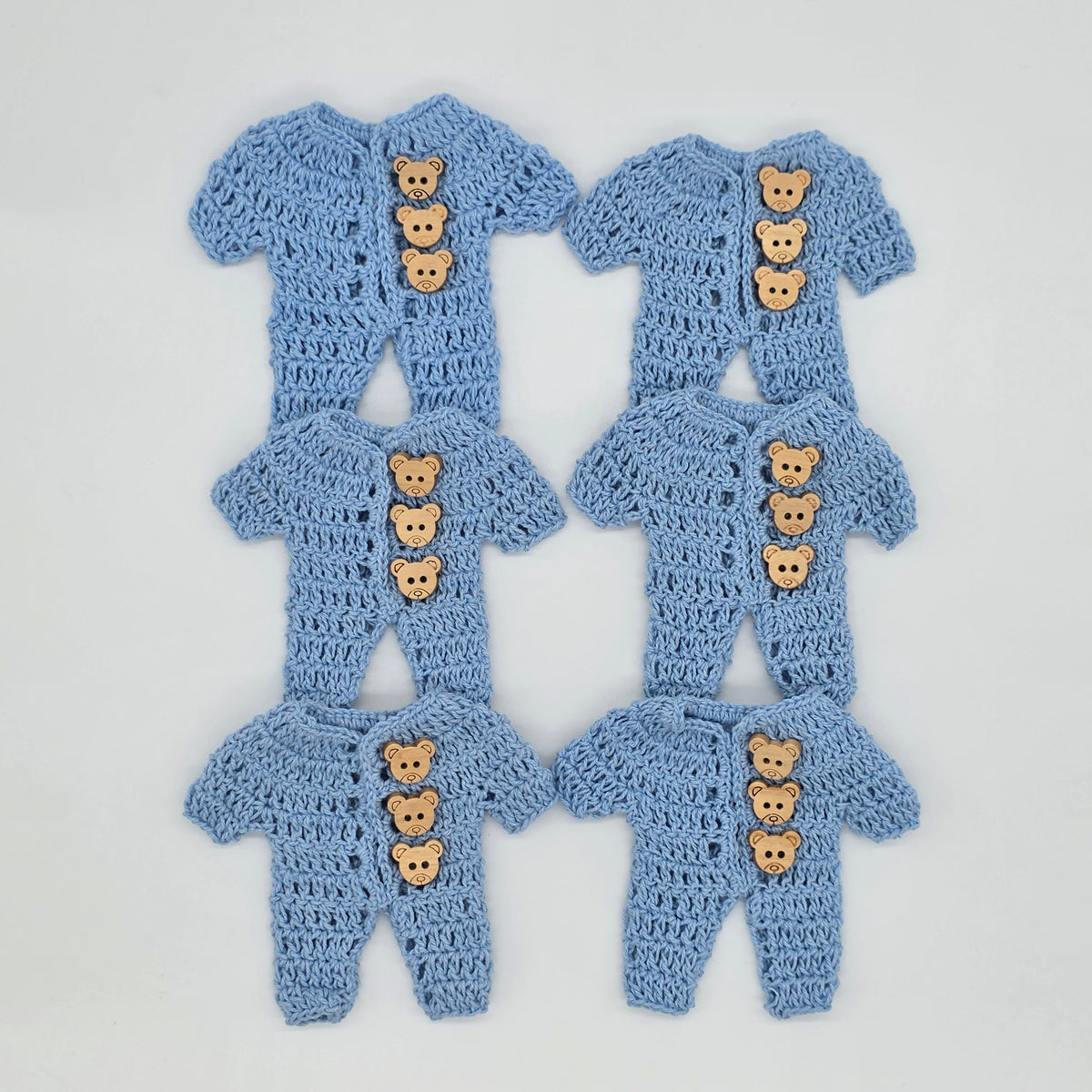 Mini Crochet Blue Onesie Party Favors - Set of 6 with Hanger & Hanging Rack Options - Tiny Teddy Bear Baby Shower