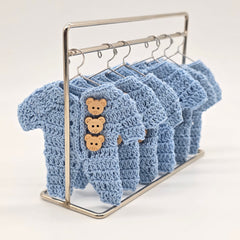 Mini Crochet Blue Onesie Party Favors - Set of 6 with Hanger & Hanging Rack Options - Tiny Teddy Bear Baby Shower
