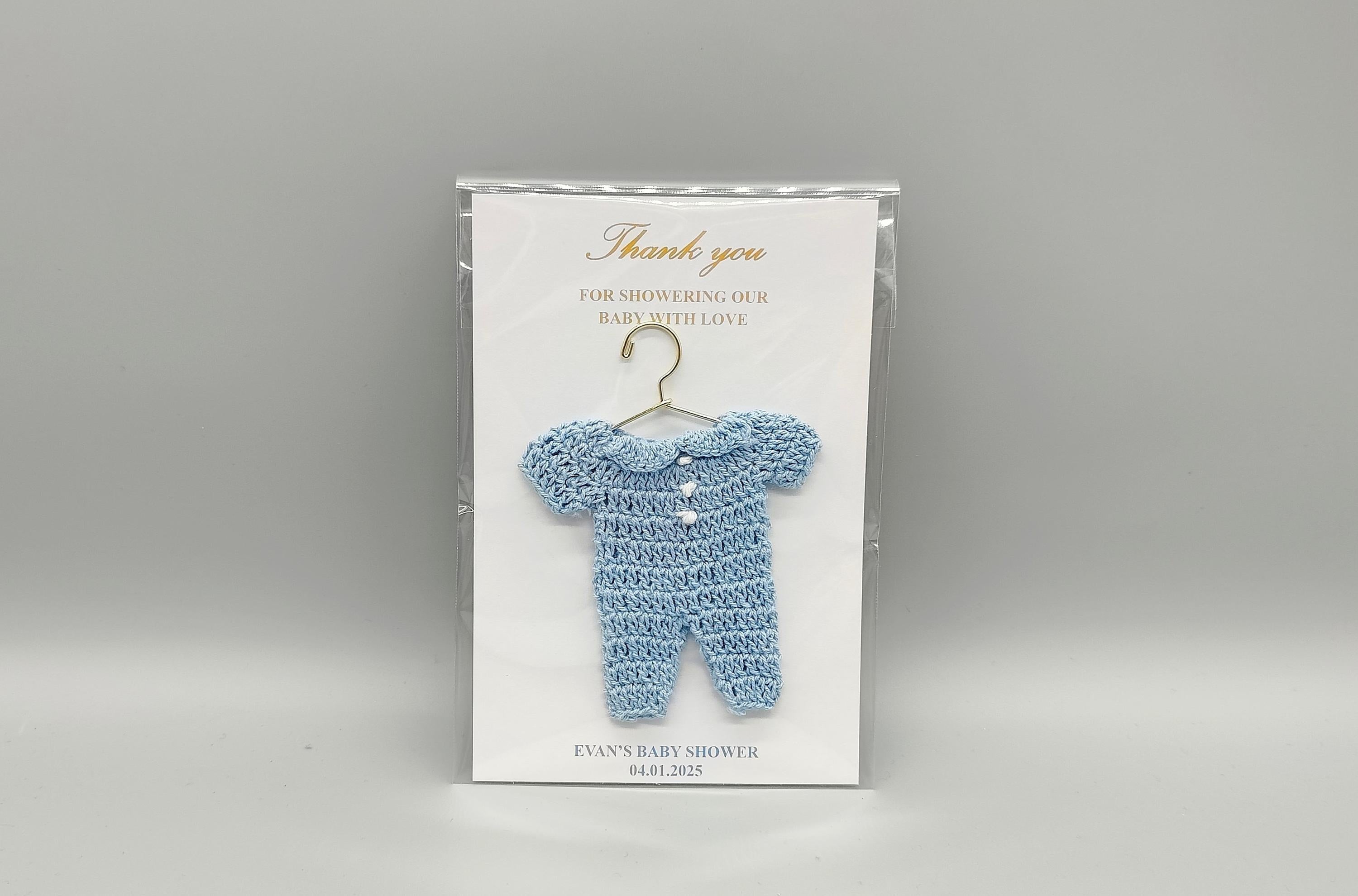 Baby Shower Favor with Custom Name & Date, Crochet Baby Favor with Hanger, Personalized Card w/ Color Choice. Ships Fast and Free! Set of 6