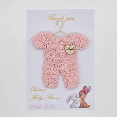 Set of 6 Personalized Baby Shower Party Gift - Custom Crochet Pink Onesie Favors with Engraved Heart on Exclusive 4x6 Art Card and Cello