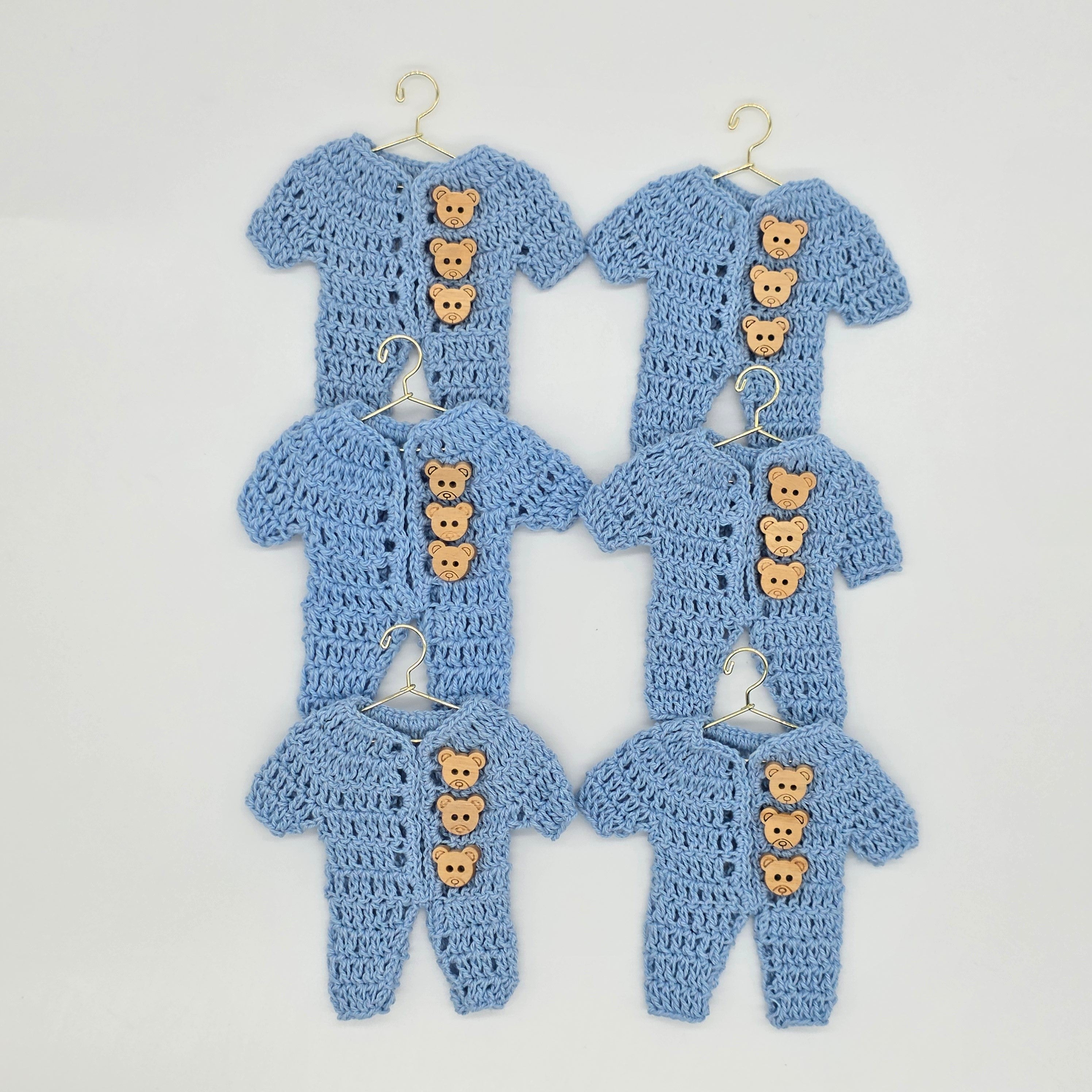 Mini Crochet Blue Onesie Party Favors - Set of 6 with Hanger & Hanging Rack Options - Tiny Teddy Bear Baby Shower
