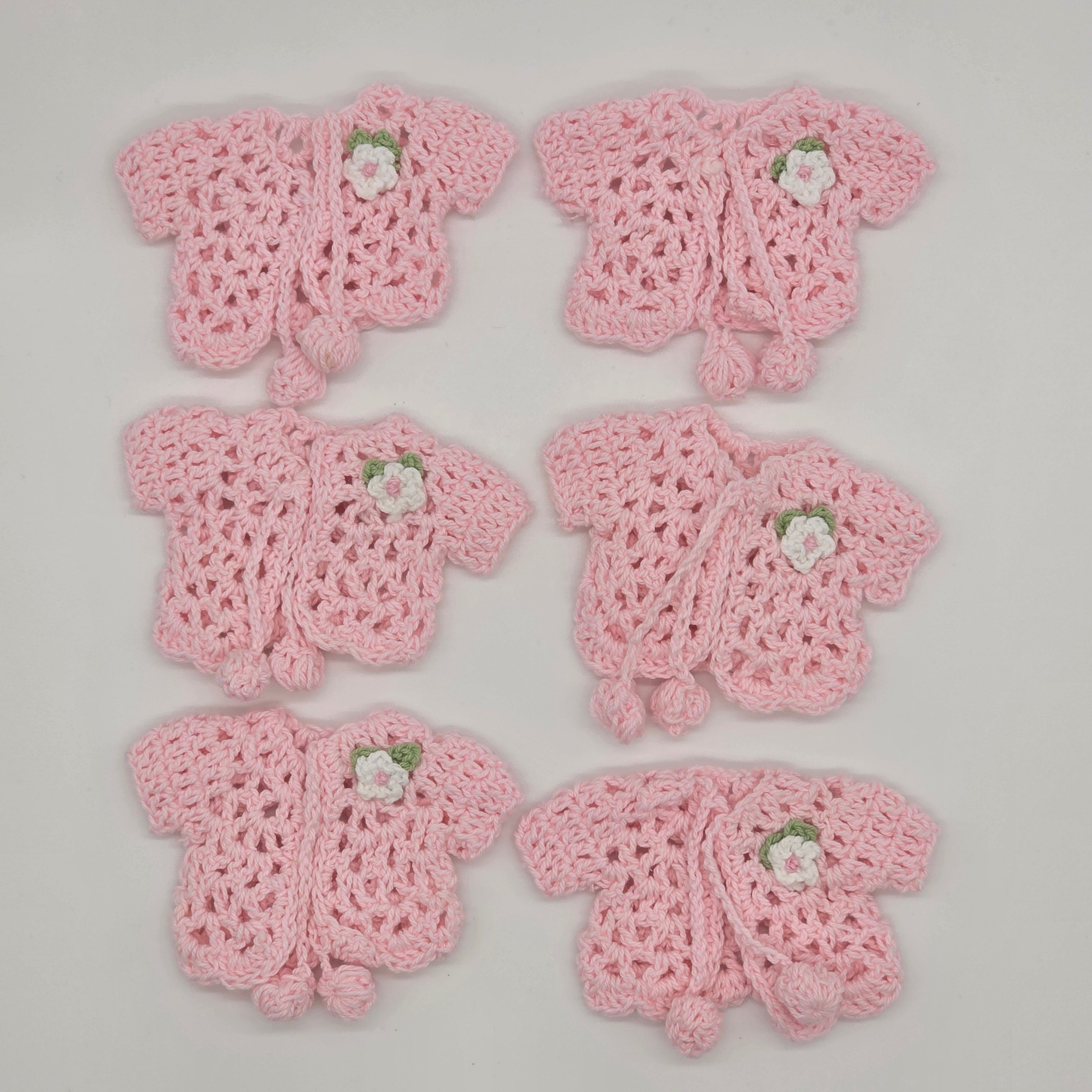 6 Pink Mini Crochet Favors - Baby Shower Decor, Tiny Cardigan Jacket, Gender Reveal Party Keepsake, Miniature Hanger & Rack Options