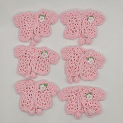 6 Pink Mini Crochet Favors - Baby Shower Decor, Tiny Cardigan Jacket, Gender Reveal Party Keepsake, Miniature Hanger & Rack Options