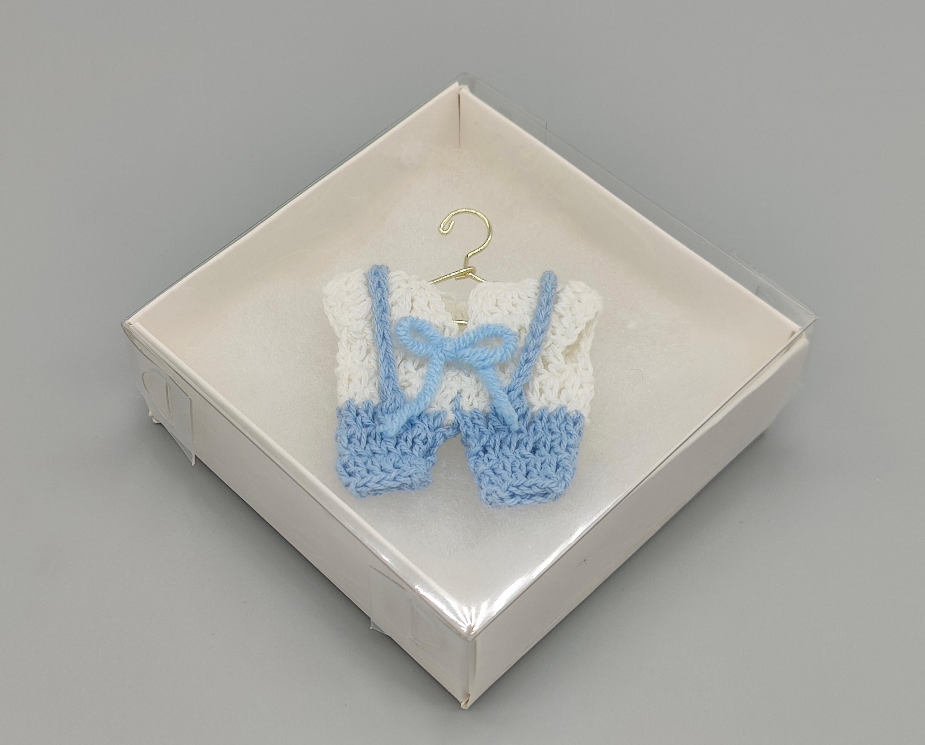 Set of 6 Mini Crochet Baby Overall Favors with bowtie - Baby Shower, Gender Reveal, Baby Welcome - Hanger and box options available!