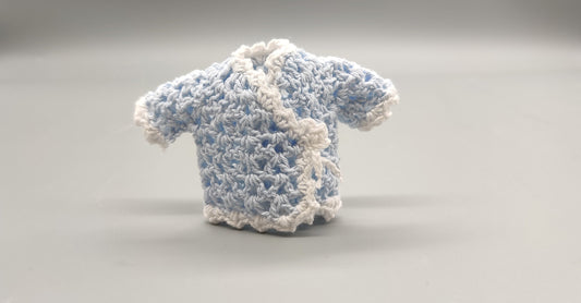 Crochet mini jacket, baby blue with white trim, cute favors, baby shower, baby welcome, crochet favors, baby shower favours, Set of 6