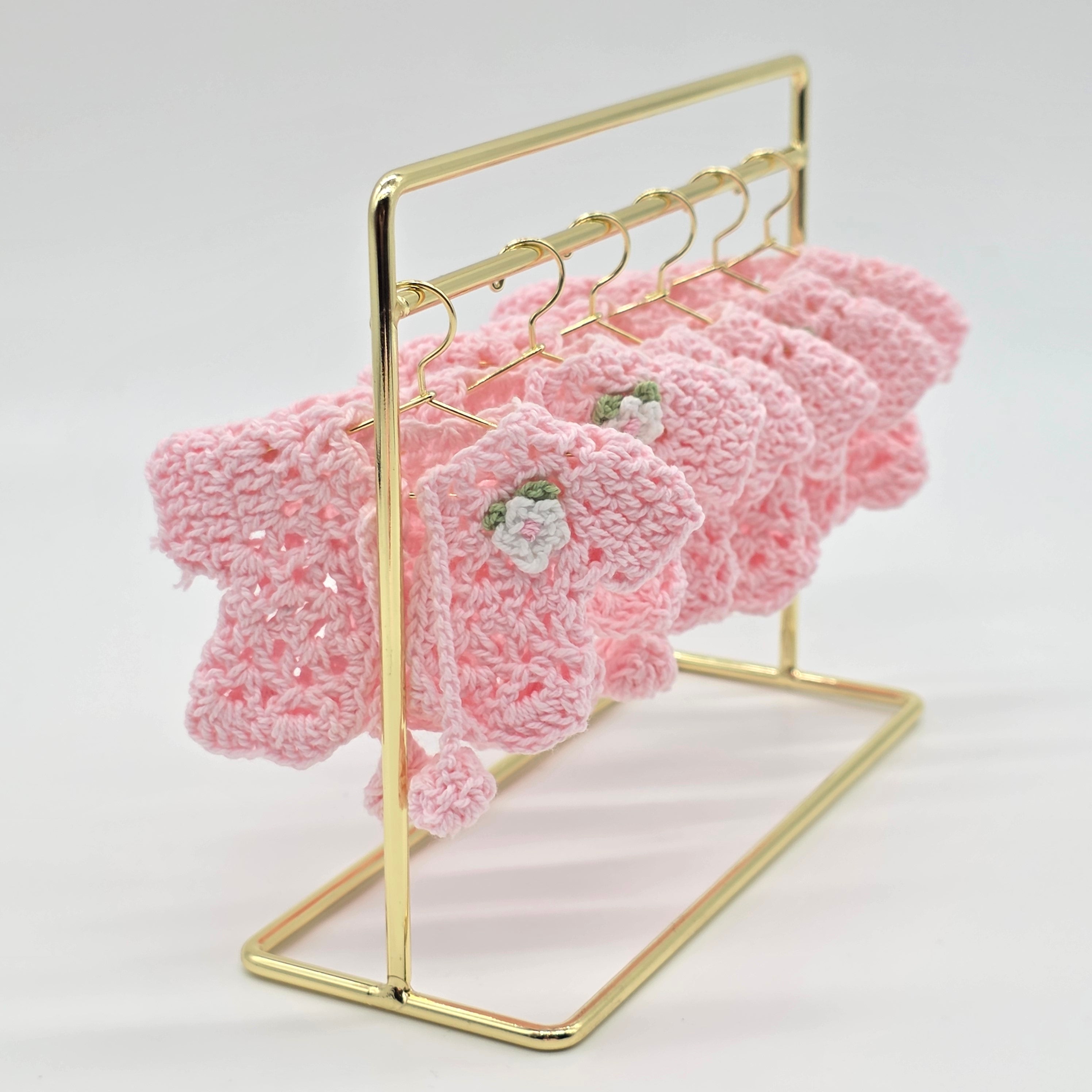 6 Pink Mini Crochet Favors - Baby Shower Decor, Tiny Cardigan Jacket, Gender Reveal Party Keepsake, Miniature Hanger & Rack Options