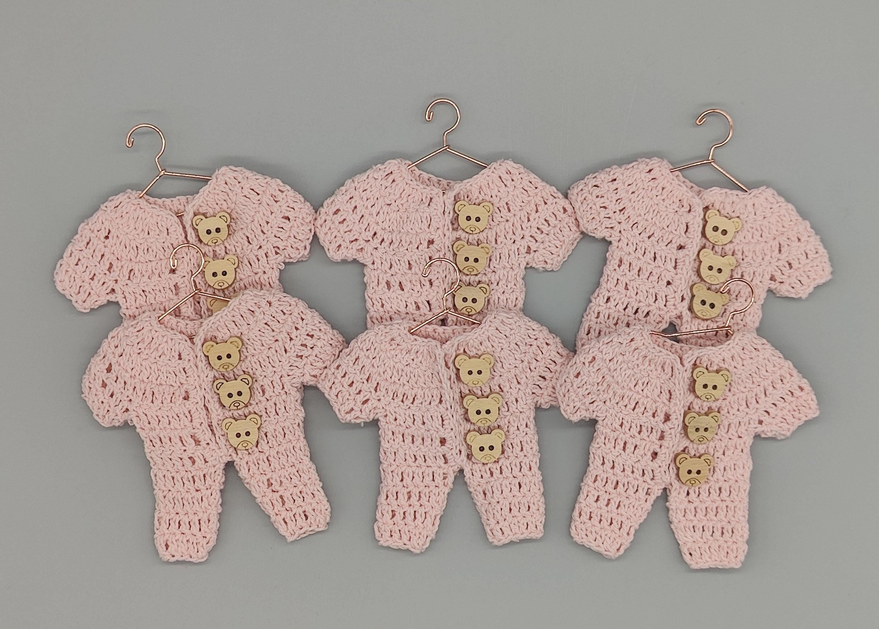 Set of 6 - Baby Pink Crochet Onesie with Wooden Teddy Bear Buttons, Baby shower, Baby welcome favors, Crochet mini outfit