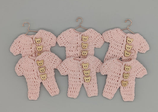 Set of 6 - Baby Pink Crochet Onesie with Wooden Teddy Bear Buttons, Baby shower, Baby welcome favors, Crochet mini outfit