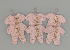 Set of 6 - Baby Pink Crochet Onesie with Wooden Teddy Bear Buttons, Baby shower, Baby welcome favors, Crochet mini outfit