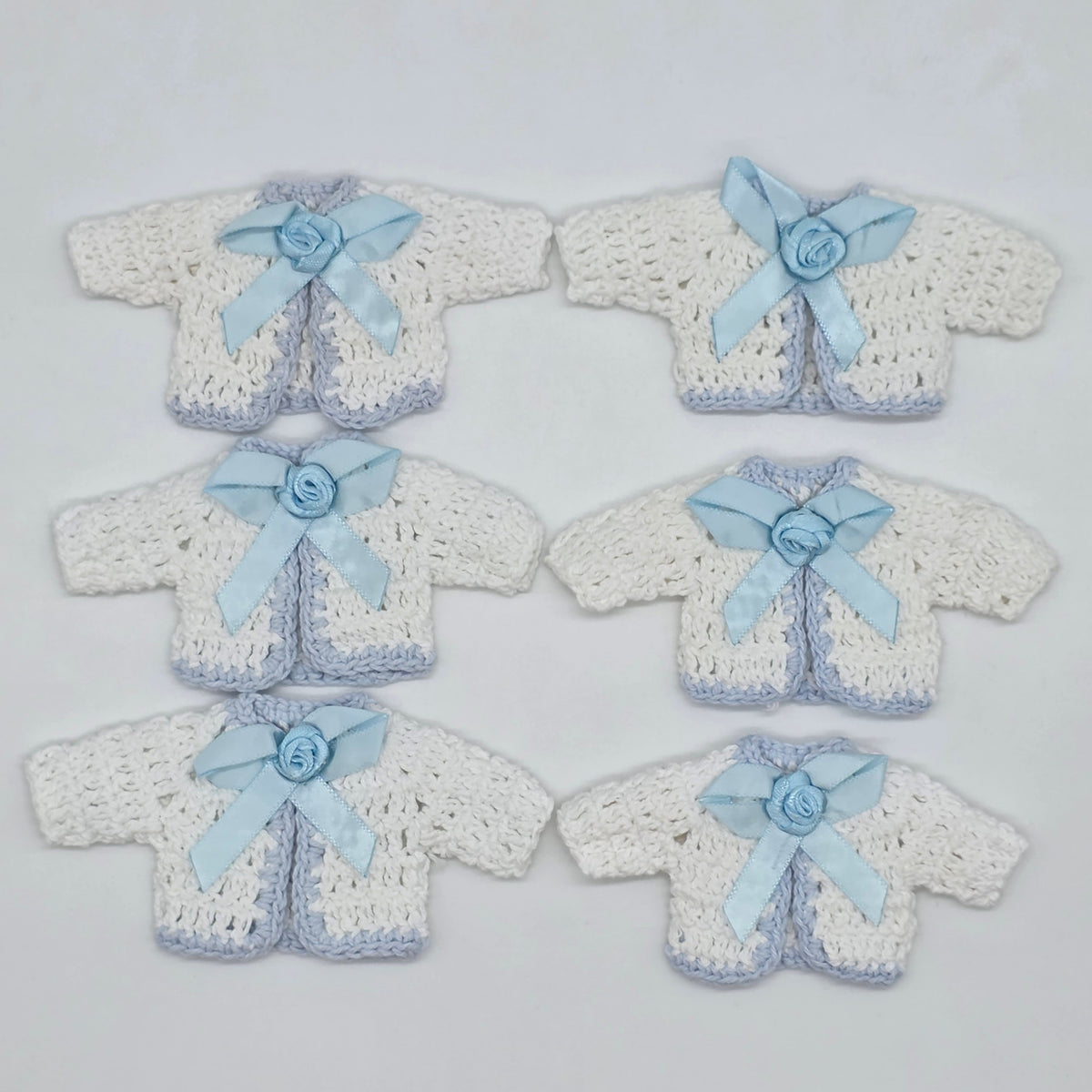 Handmade Tiny Crochet Baby Blue Party Favors – 6pc Mini Sweater Party Gift Set for Baby Showers, Baptism & Gender Reveal