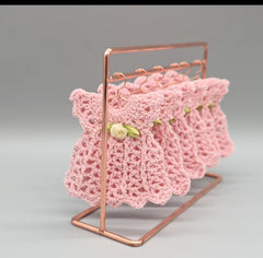 Mini Crochet Dress Favors Set of 6 - Pink Baby Shower Decor, Christening Decorations, Tiny Crocheted Dress Keepsakes with Hangers/Rack
