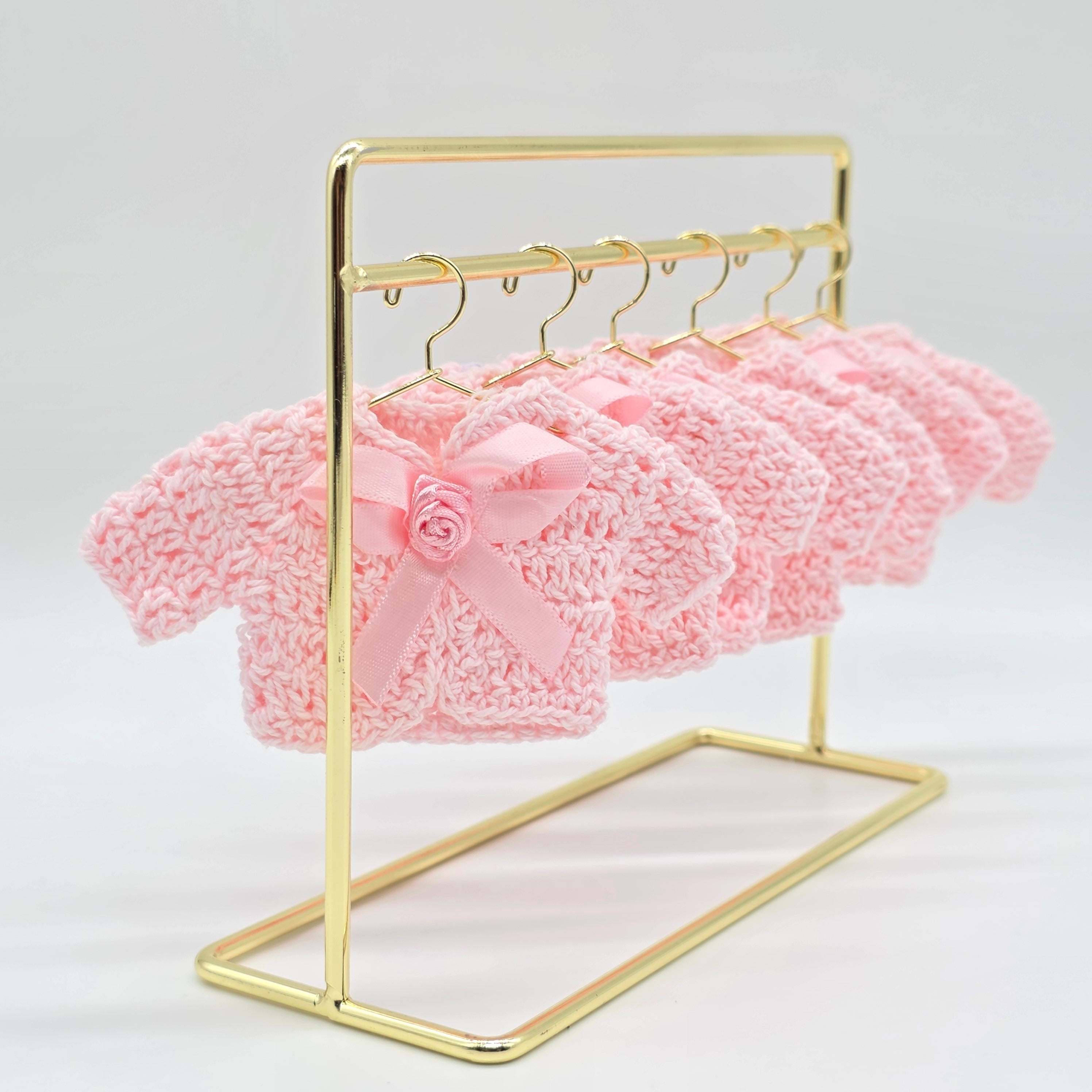 Mini Pink Crochet Cardigan Favors with Bow & Rose, Baby Shower Party Favors, Dollhouse Clothes, Set of 6 with Wire Hangers & Display Rack