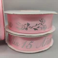 25 Yd Mis 15 Años Ribbon - Pink Satin Quinceañera Party Favors Ribbon with Silver Print - 7/8" Floral Print Decor