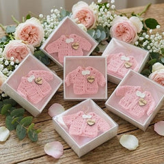 Set of 12 Personalized Pink Crochet Mini Jacket Party Favor & Party Gift Boxes - With Custom Wood Heart Charm For Baby Shower & Baptism