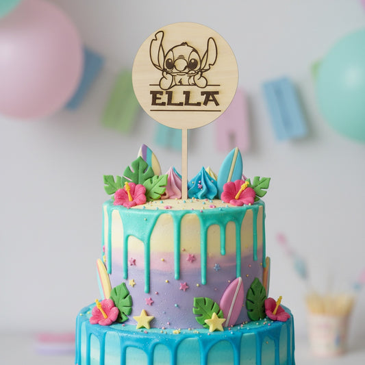 Custom Wooden Stitch Cake Topper - Engraved with Any Name - Personalized Lilo and Stitch Birthday Party Decor