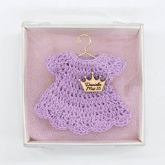 12pc Personalized Lilac Mini Crochet Dress Favors | Quinceañera Mis 15, Baby Shower, Birthday Keepsake Box Set