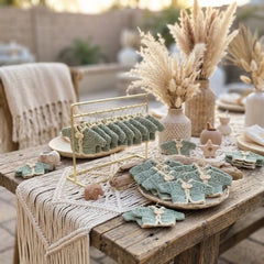 Set of 6 Mini Crochet Baby Sweater Favors, Sage Green & Cream Boho Baby Shower Favors, Gender Neutral Cardigan Favors with Gold Rack