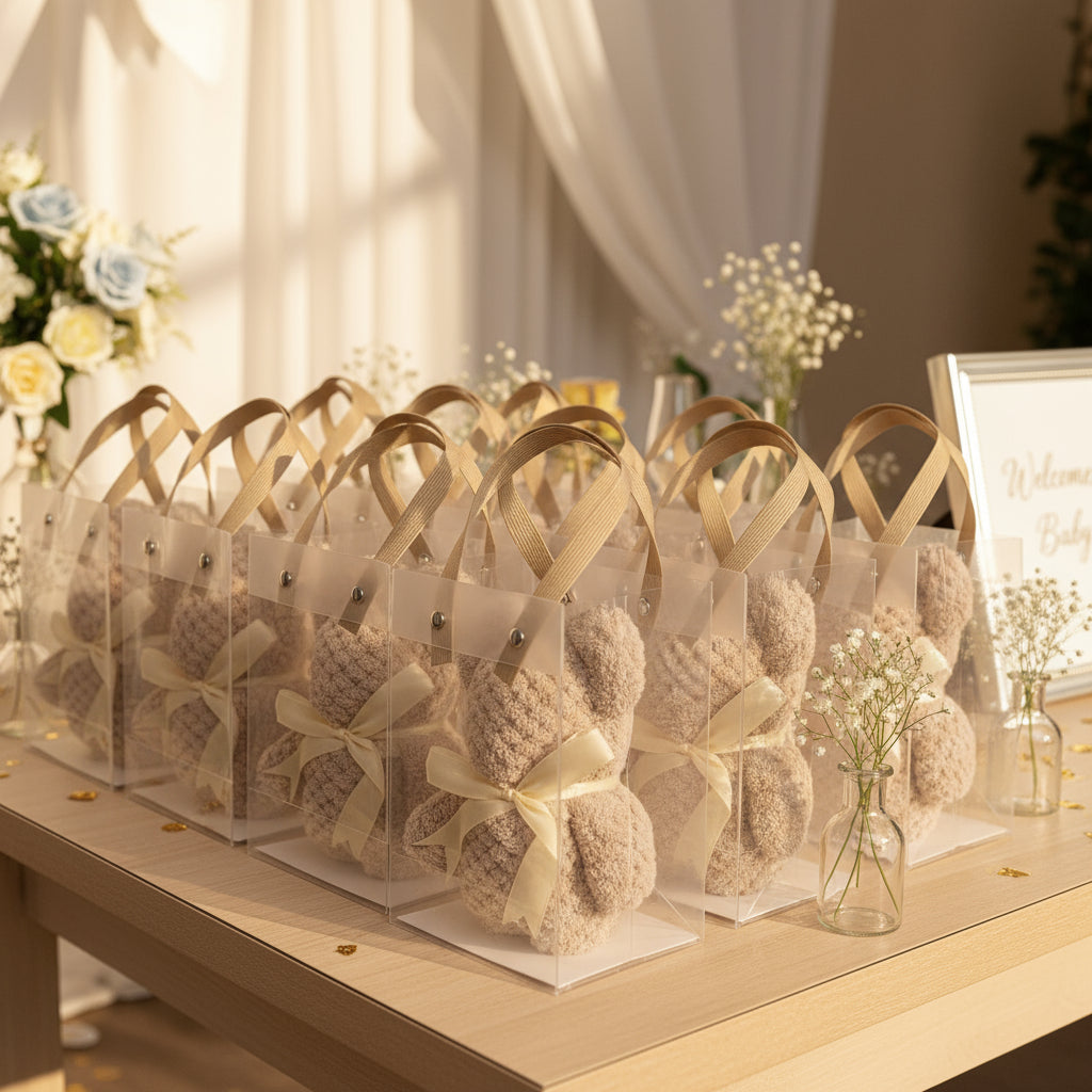 Chic Teddy Bear Towel Favors | Set of 6 Luxury Microfiber Baby Shower Gifts With Frosted Bag - Party Keepsakes