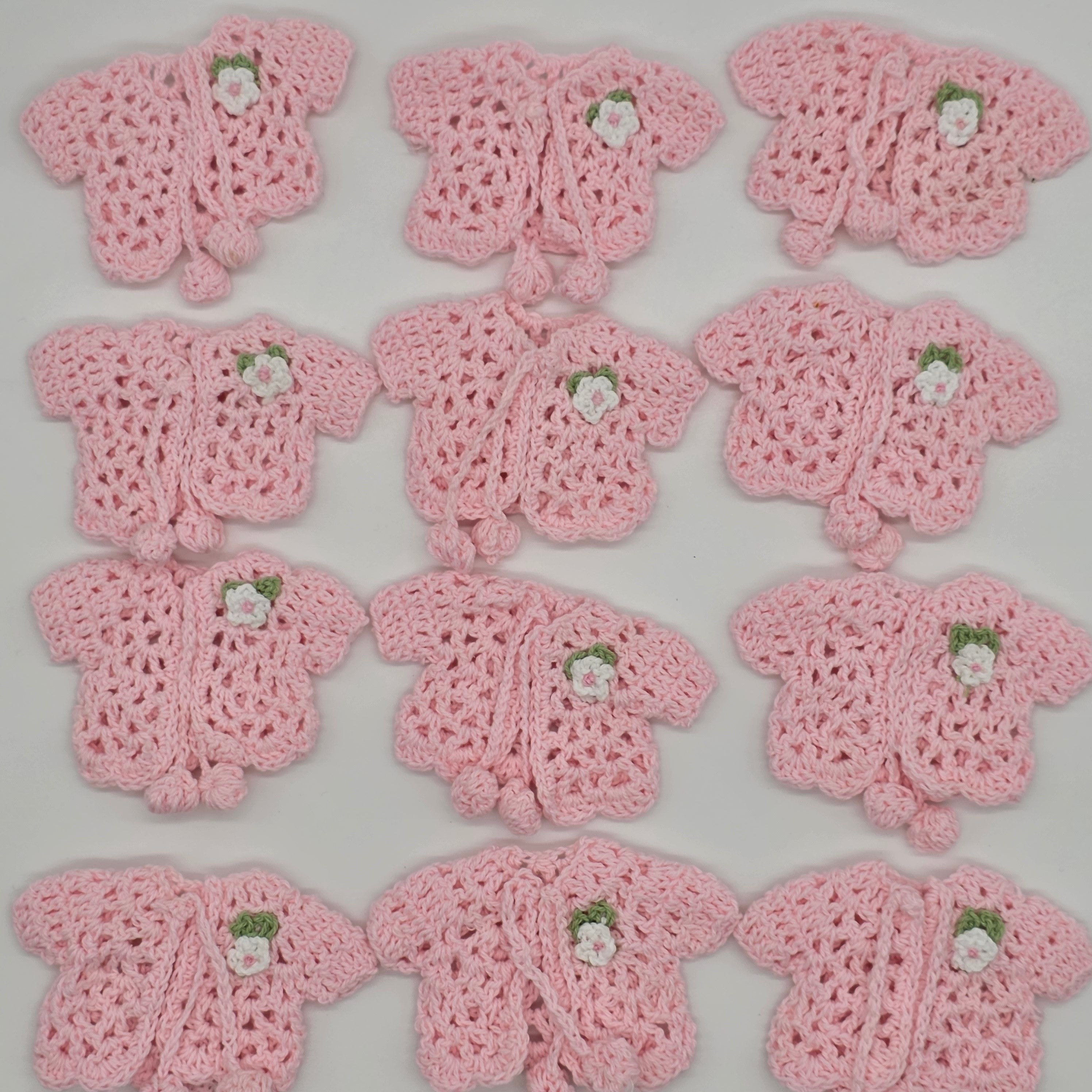 6 Pink Mini Crochet Favors - Baby Shower Decor, Tiny Cardigan Jacket, Gender Reveal Party Keepsake, Miniature Hanger & Rack Options