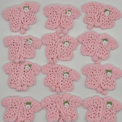 6 Pink Mini Crochet Favors - Baby Shower Decor, Tiny Cardigan Jacket, Gender Reveal Party Keepsake, Miniature Hanger & Rack Options