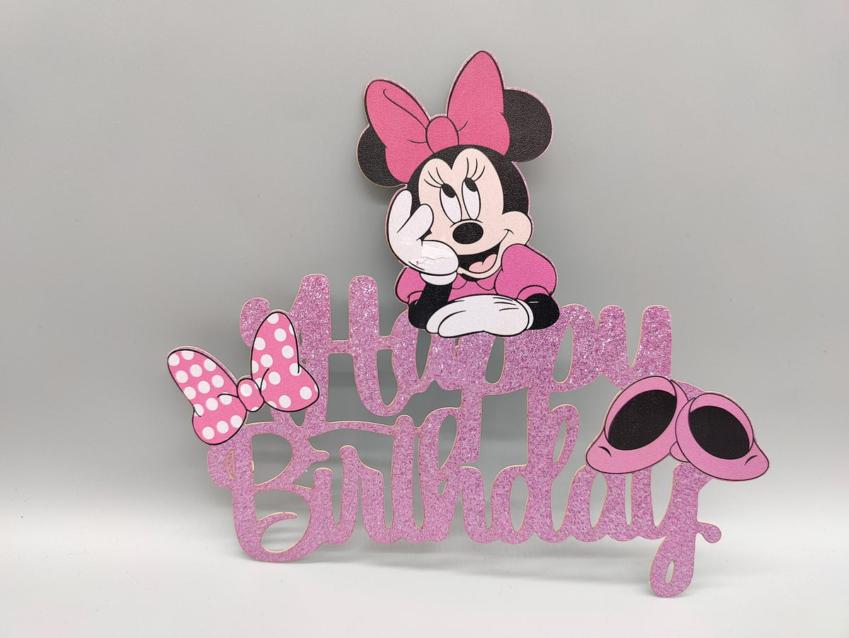 Custom Minnie-inspired Happy Birthday Cake Topper - Shimmery Pink iconic mouse cake topper