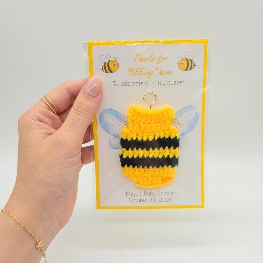 Personalized Bee Baby Shower Favors Set of 12 Crochet Bee Onesie Thanks for Bee-ing Here Card Bumble Bee Theme