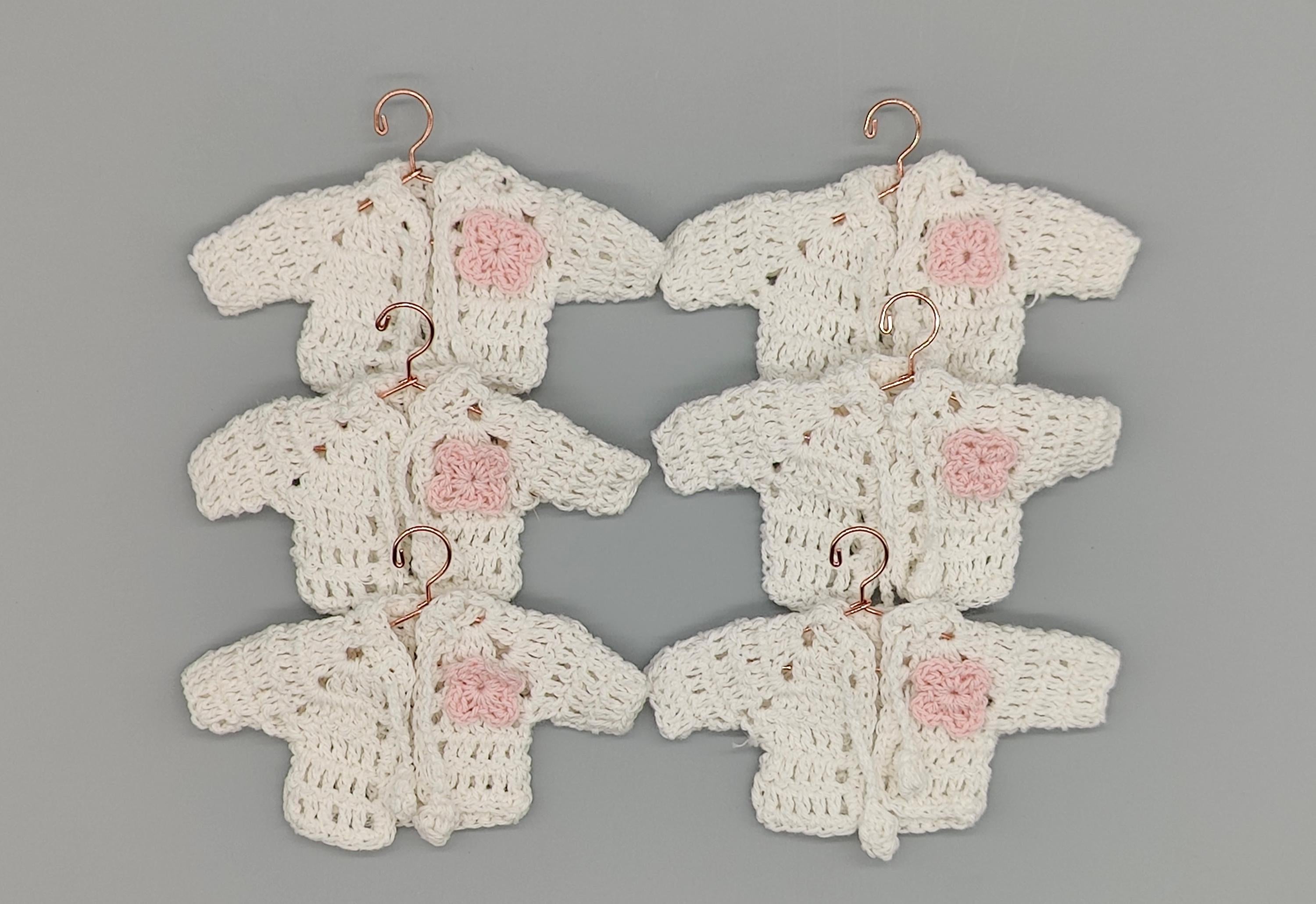 Set of 6 Mini Crochet Baby Jackets in White with Pink Flower & Drawstrings - Shower Favors, Keepsakes, Party Decor
