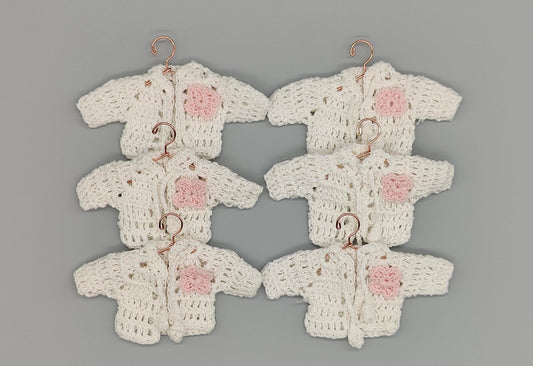 Set of 6 Mini Crochet Baby Jackets in White with Pink Flower & Drawstrings - Shower Favors, Keepsakes, Party Decor