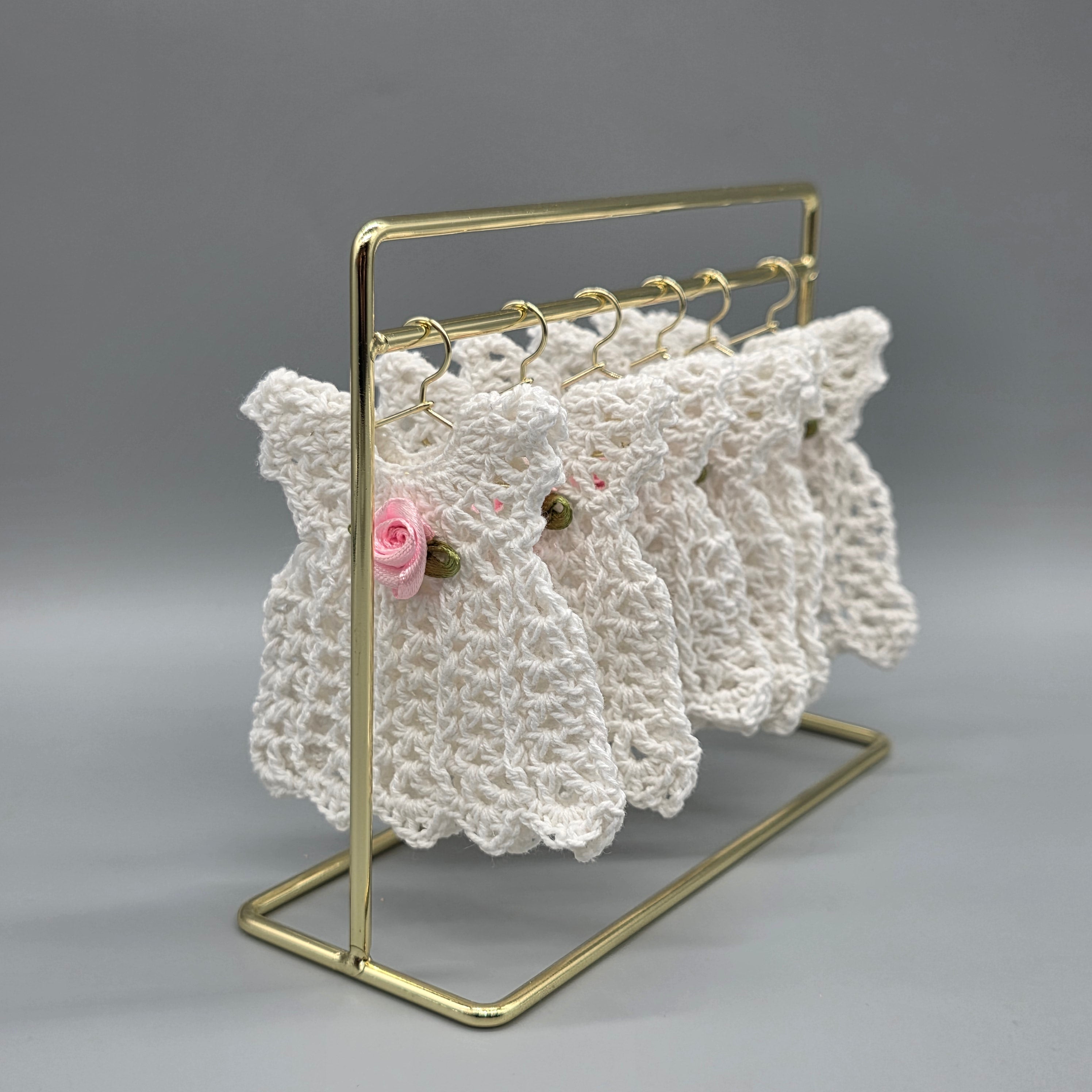 Mini Crochet Dress Favors Set of 6 - White Baby Shower Decor, Christening Decorations, Tiny Crocheted Dress Keepsakes with Hangers/Rack